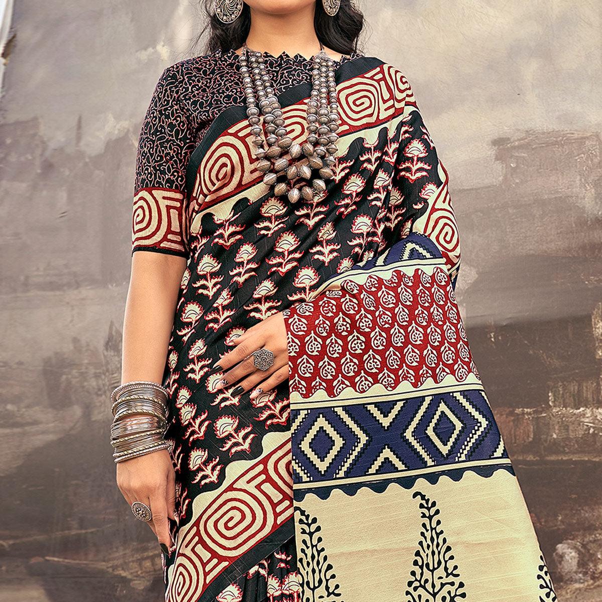 Black Printed Bhagalpuri Silk Saree - Peachmode