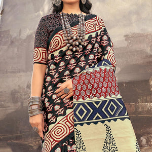 Black Printed Bhagalpuri Silk Saree - Peachmode