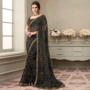 Black Printed Chiffon Saree with Banarasi Border - Peachmode