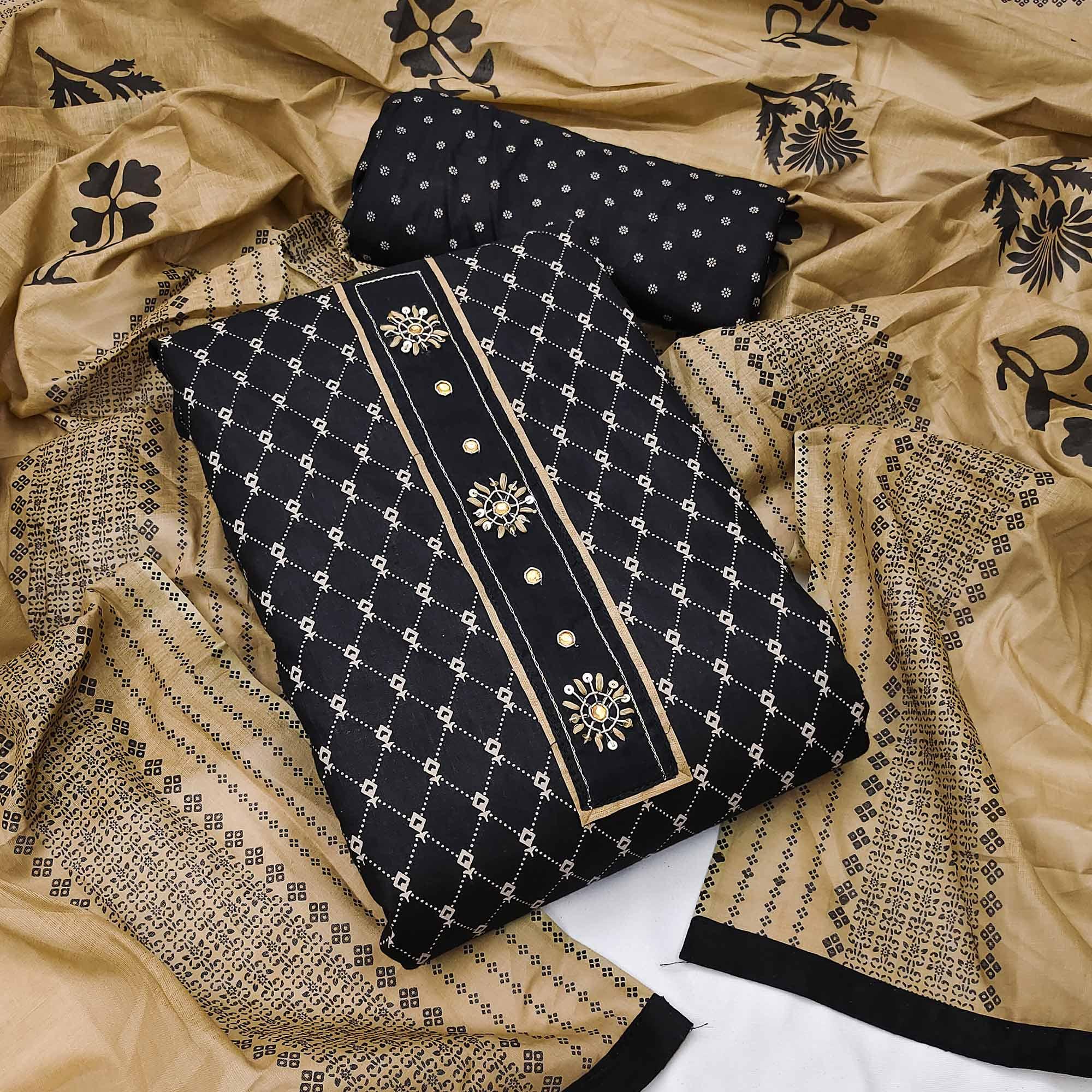 Black Printed Cotton Dress Material - Peachmode