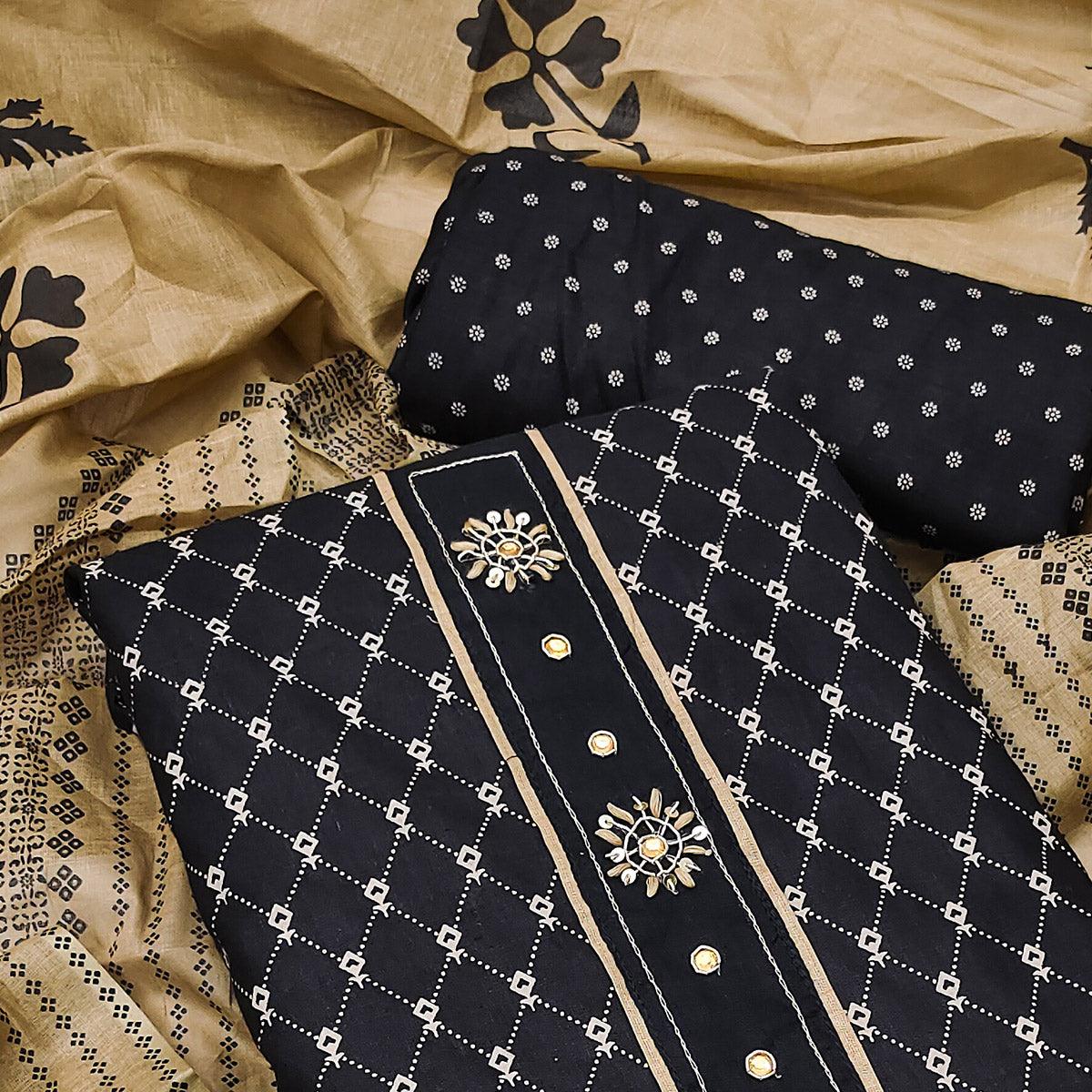 Black Printed Cotton Dress Material - Peachmode