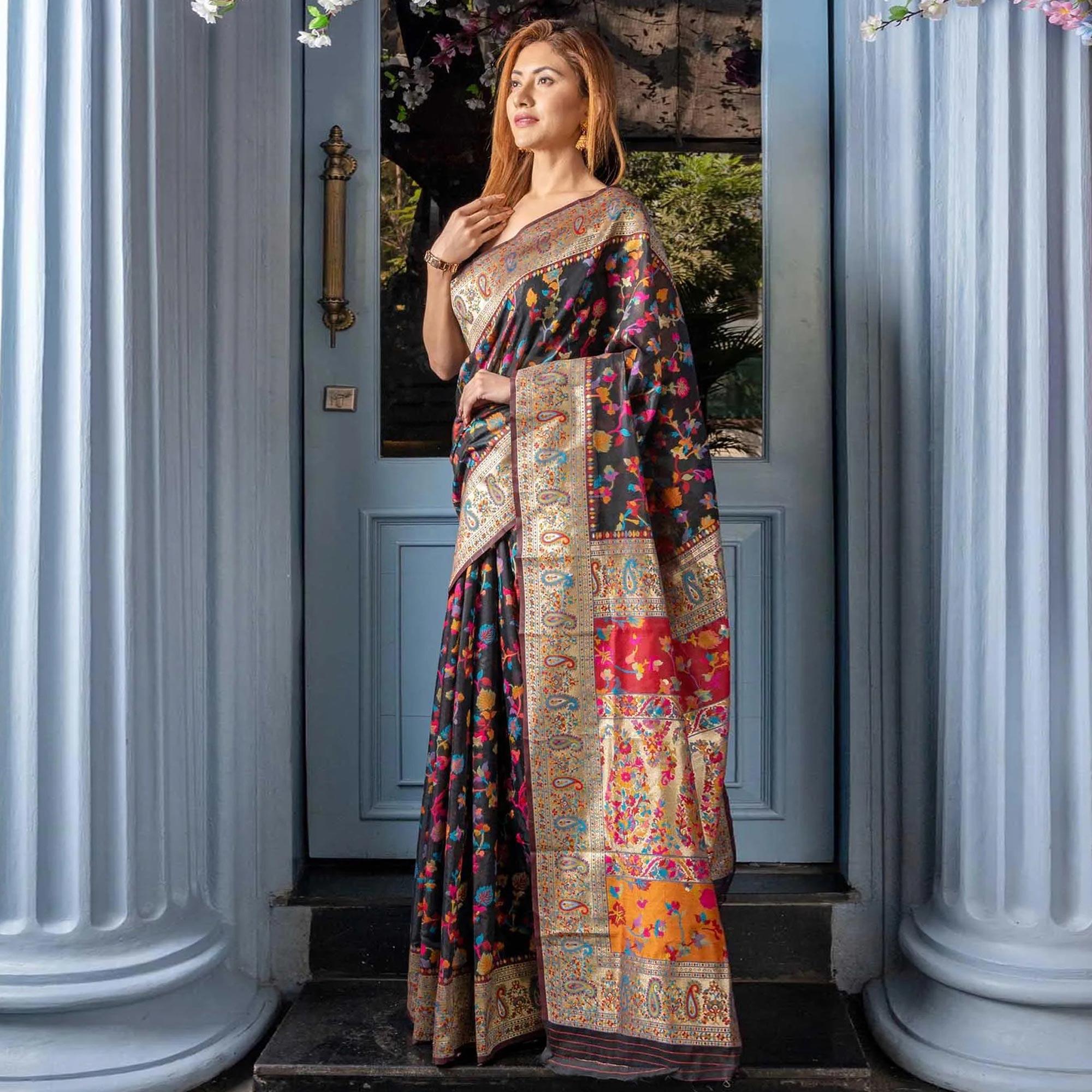 Black Printed Cotton Silk Saree - Peachmode