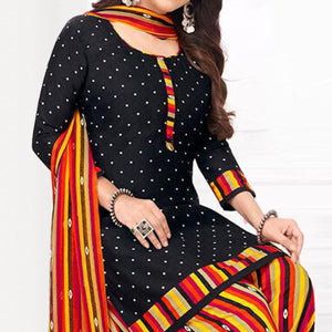 Black Printed Crepe Patiala Dress Material - Peachmode