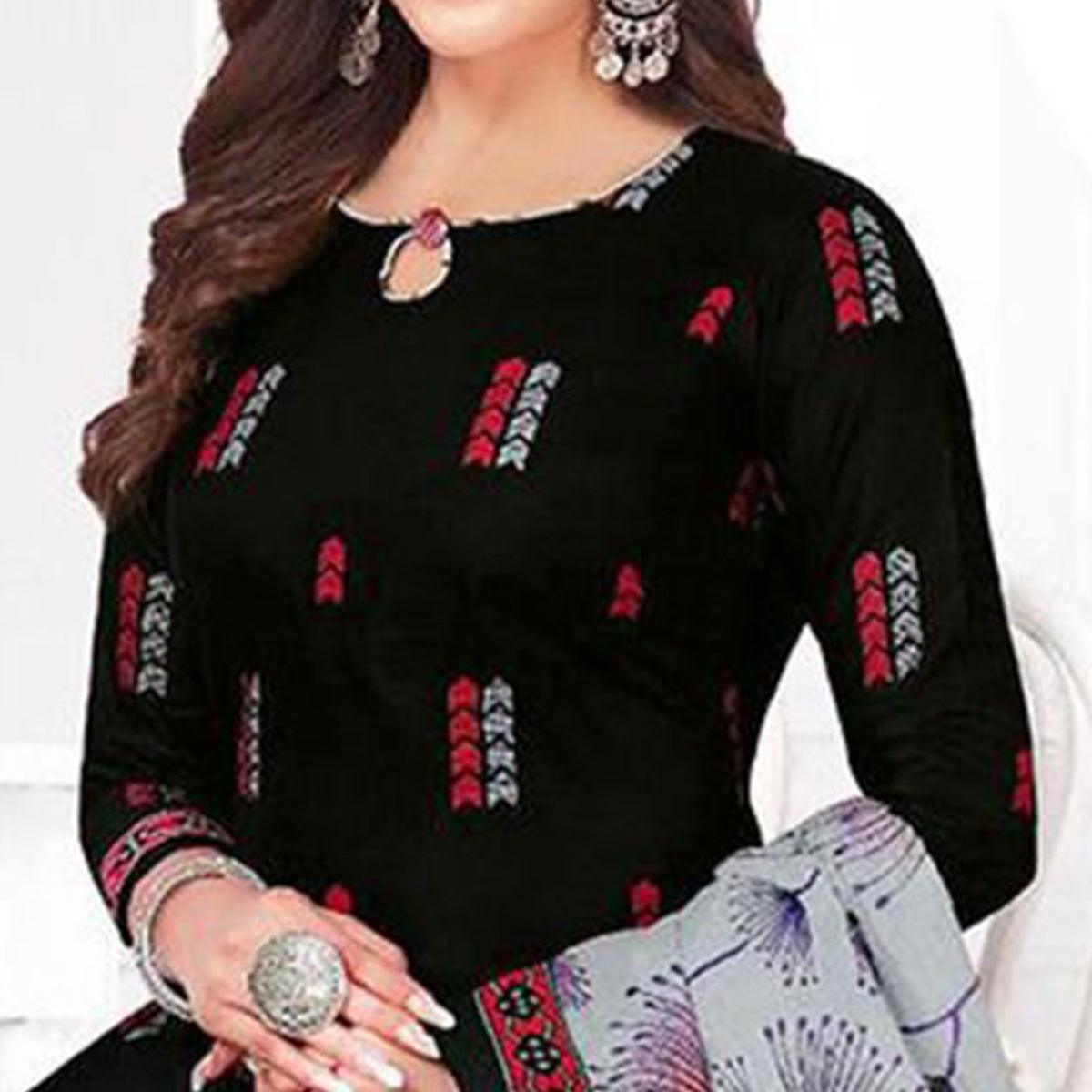 Black Printed Crepe Patiala Dress Material - Peachmode