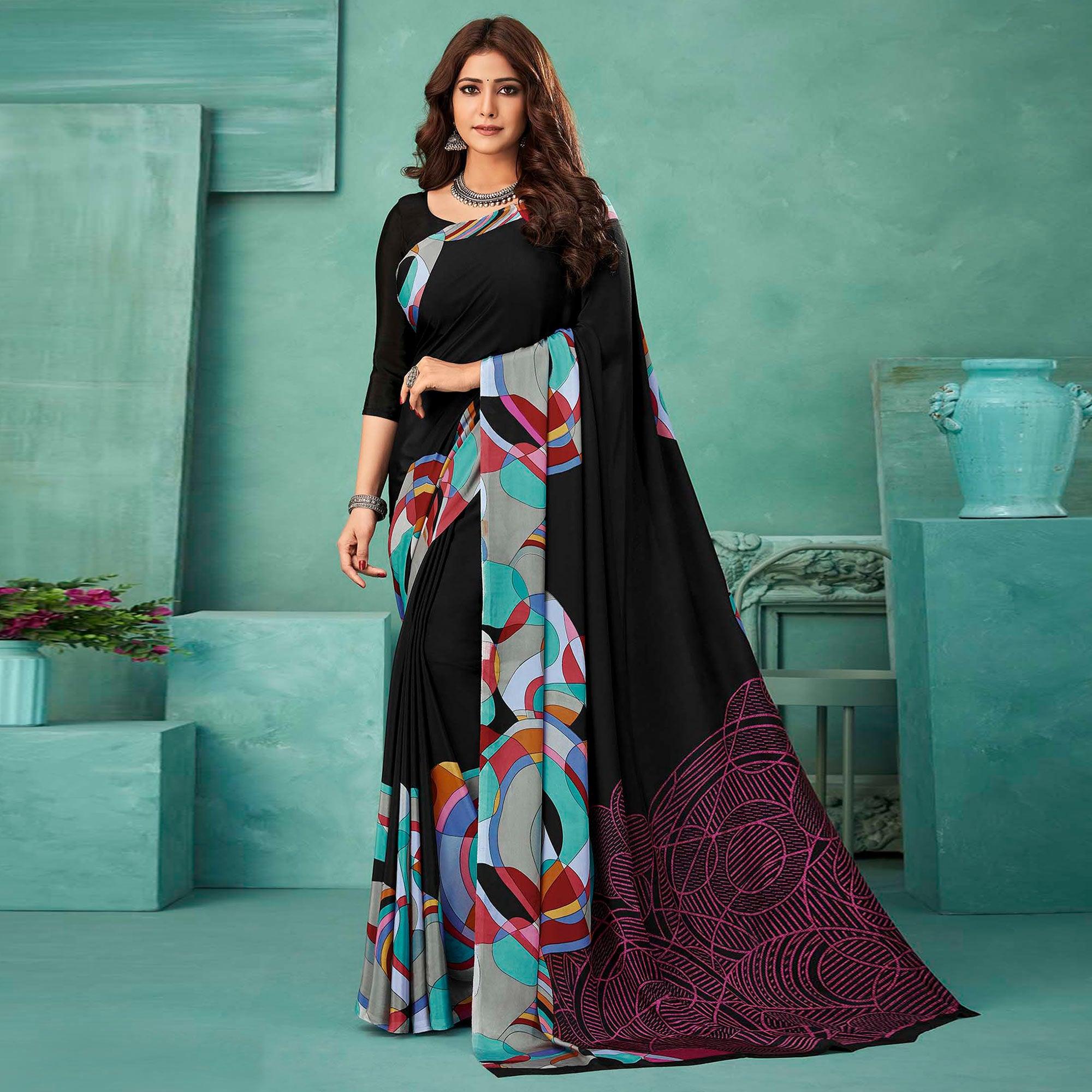 Black Printed Crepe Saree - Peachmode