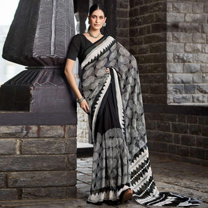 Black Printed Geoergette Saree - Peachmode