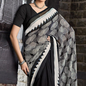 Black Printed Geoergette Saree - Peachmode
