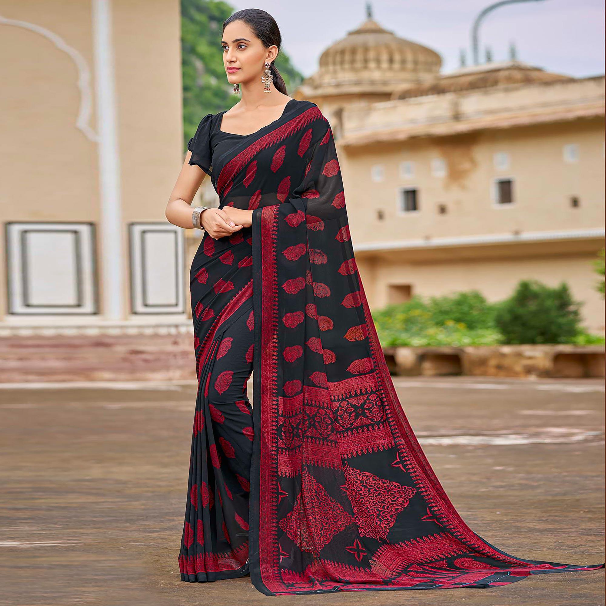 Black Printed Georgette Saree - Peachmode