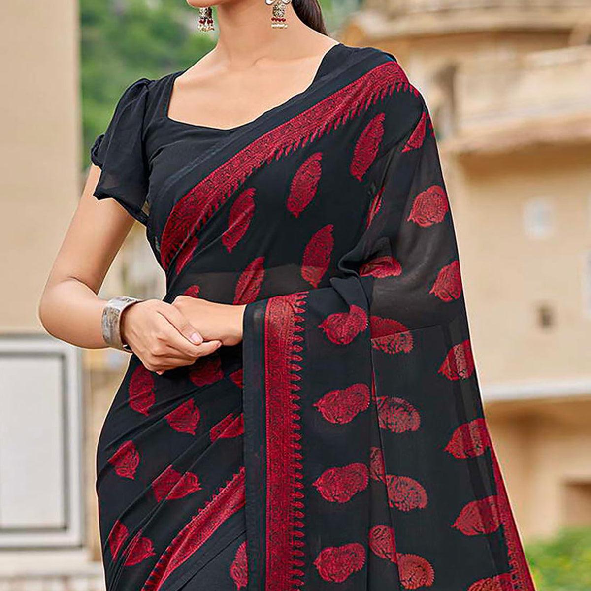 Black Printed Georgette Saree - Peachmode