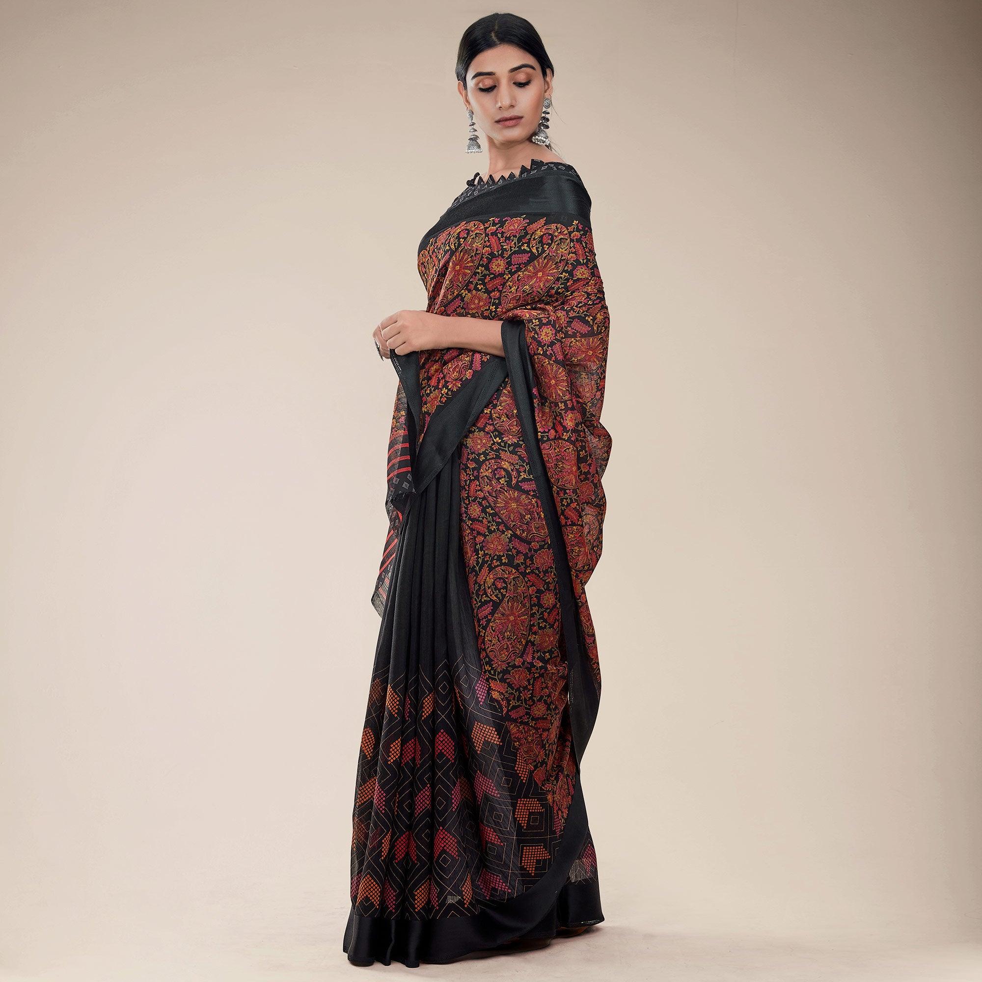 Black Printed Half & Half Linen Saree - Peachmode