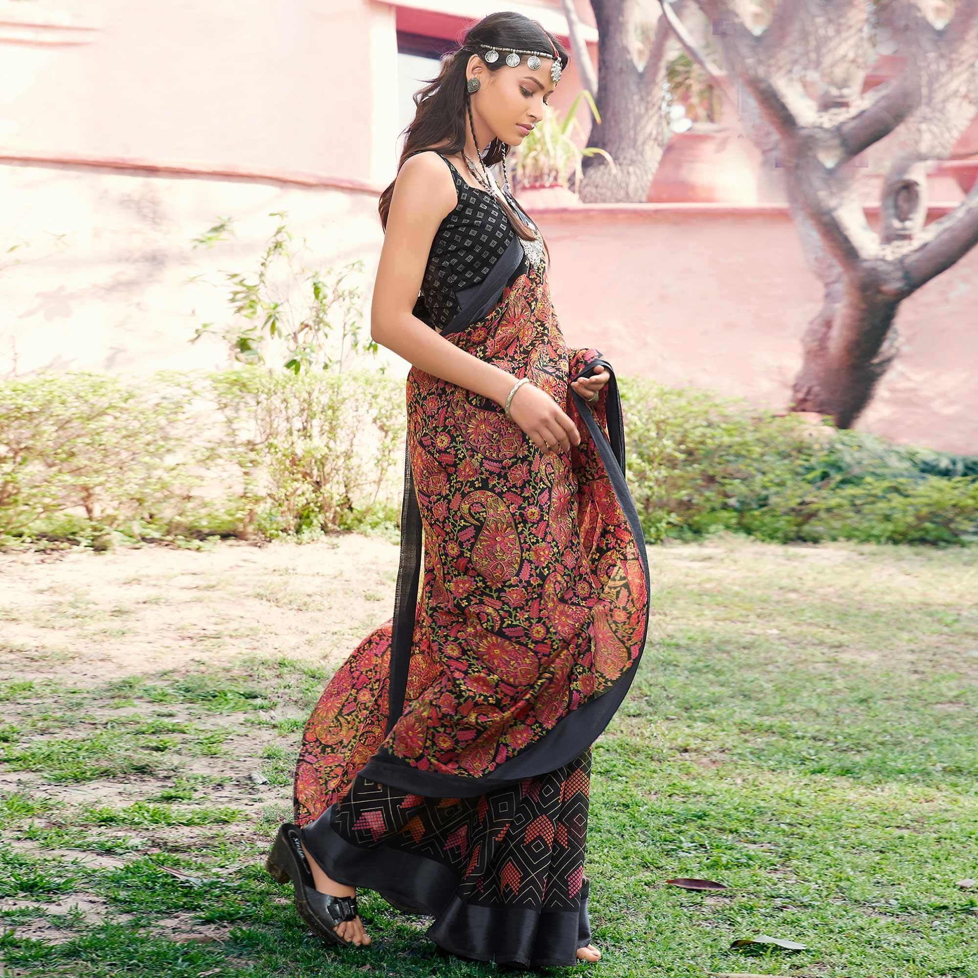 Black Printed Half & Half Linen Saree - Peachmode