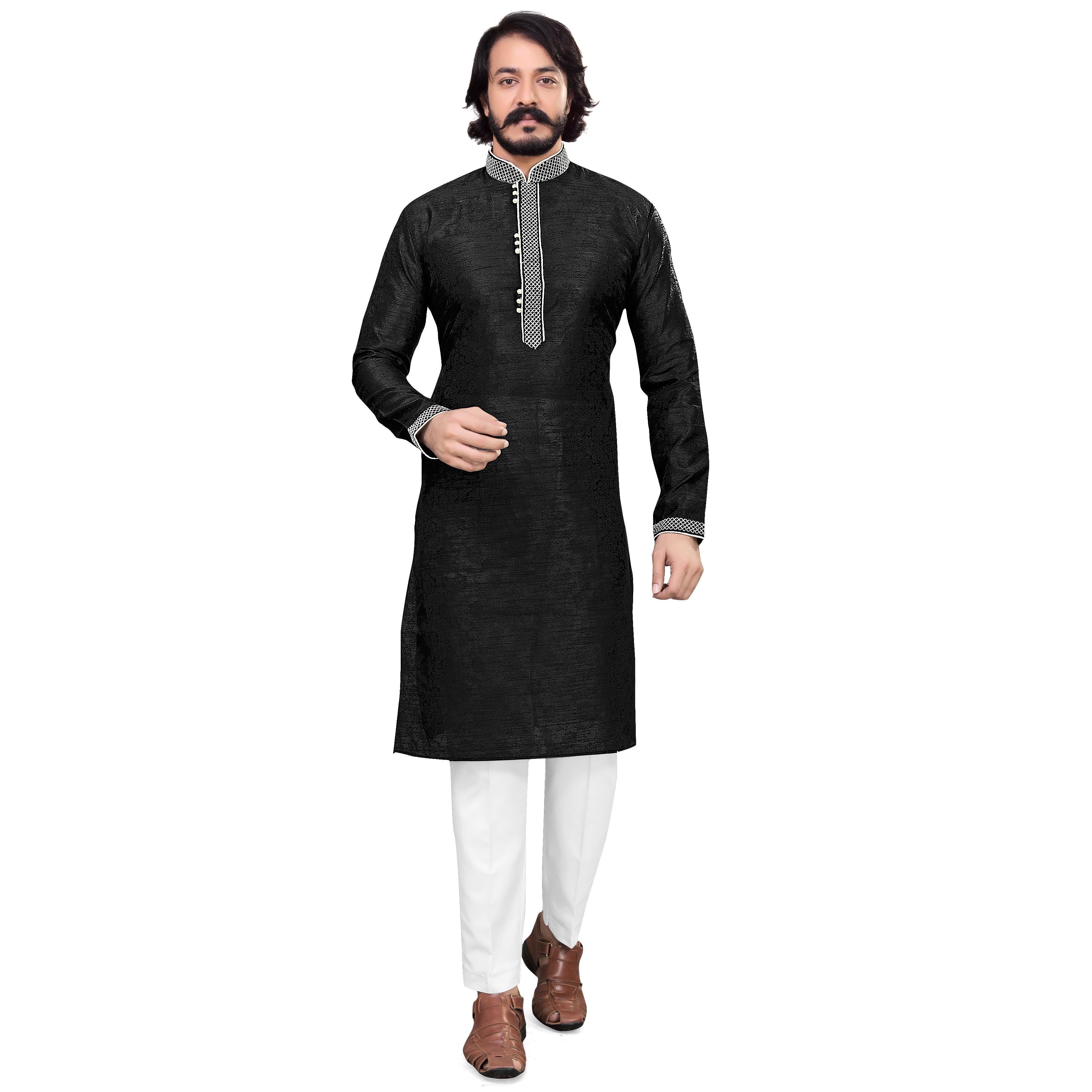 Black Printed Jacquard Men's Kurta Pyjama Set - Peachmode