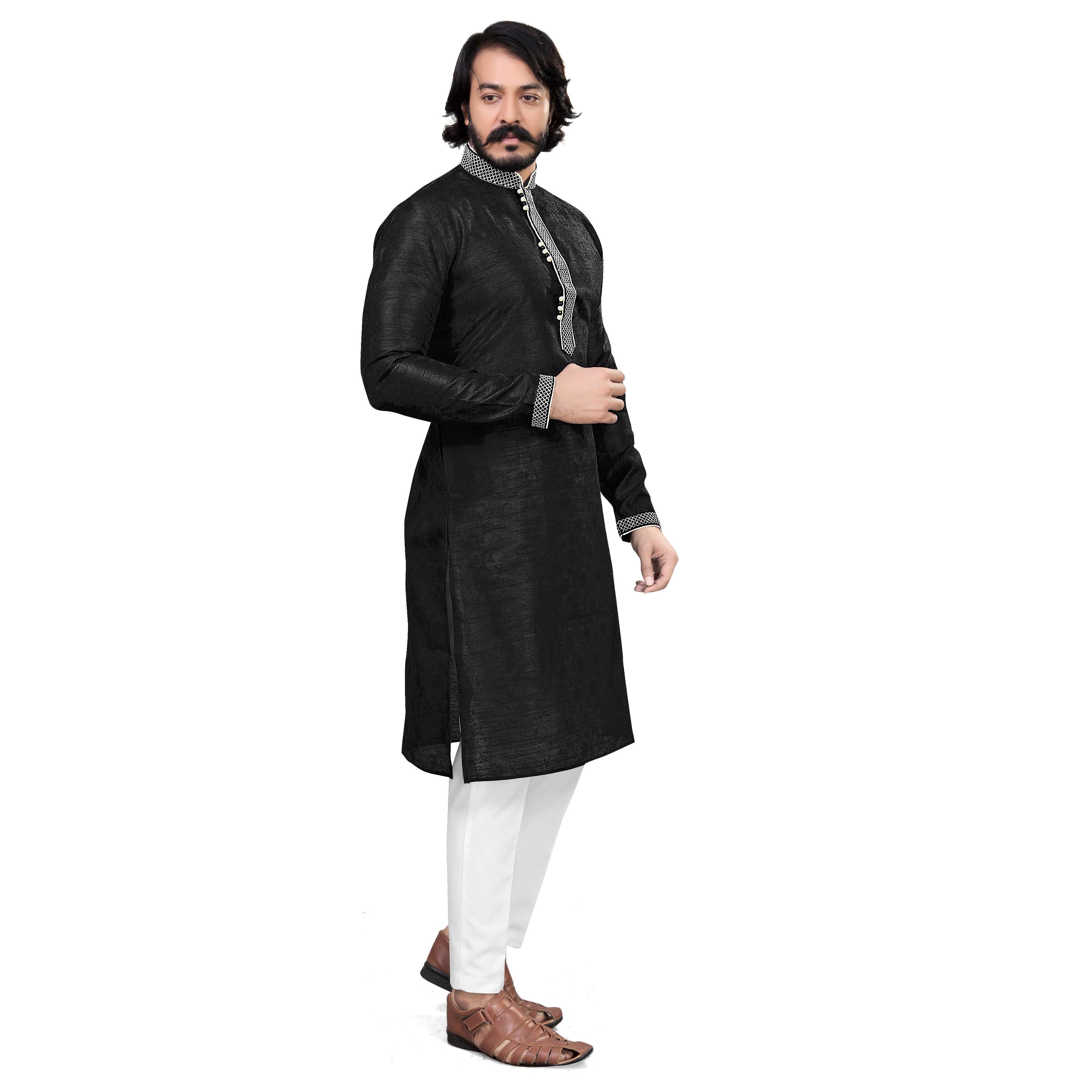 Black Printed Jacquard Men's Kurta Pyjama Set - Peachmode