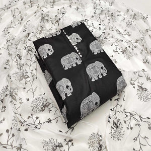 Black Printed Poly Cotton Dress Material - Peachmode