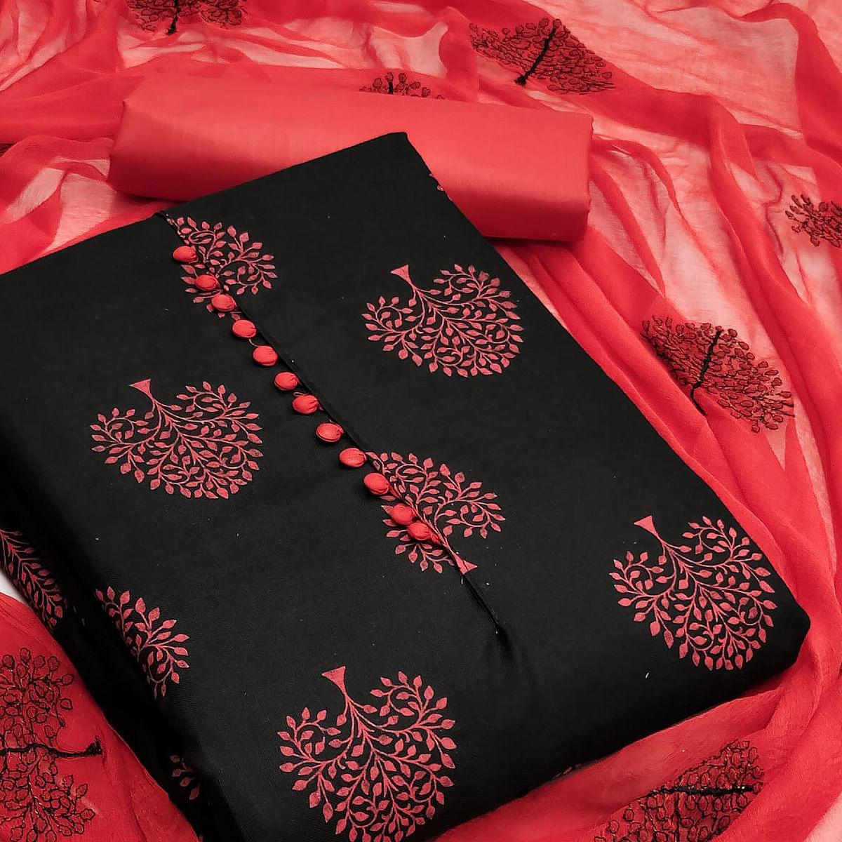 Black Printed Poly Cotton Dress Material - Peachmode