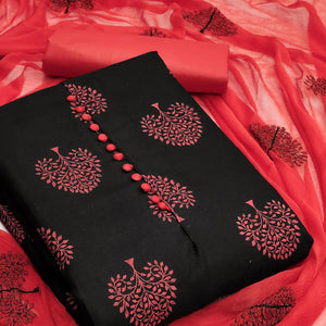 Black Printed Poly Cotton Dress Material - Peachmode