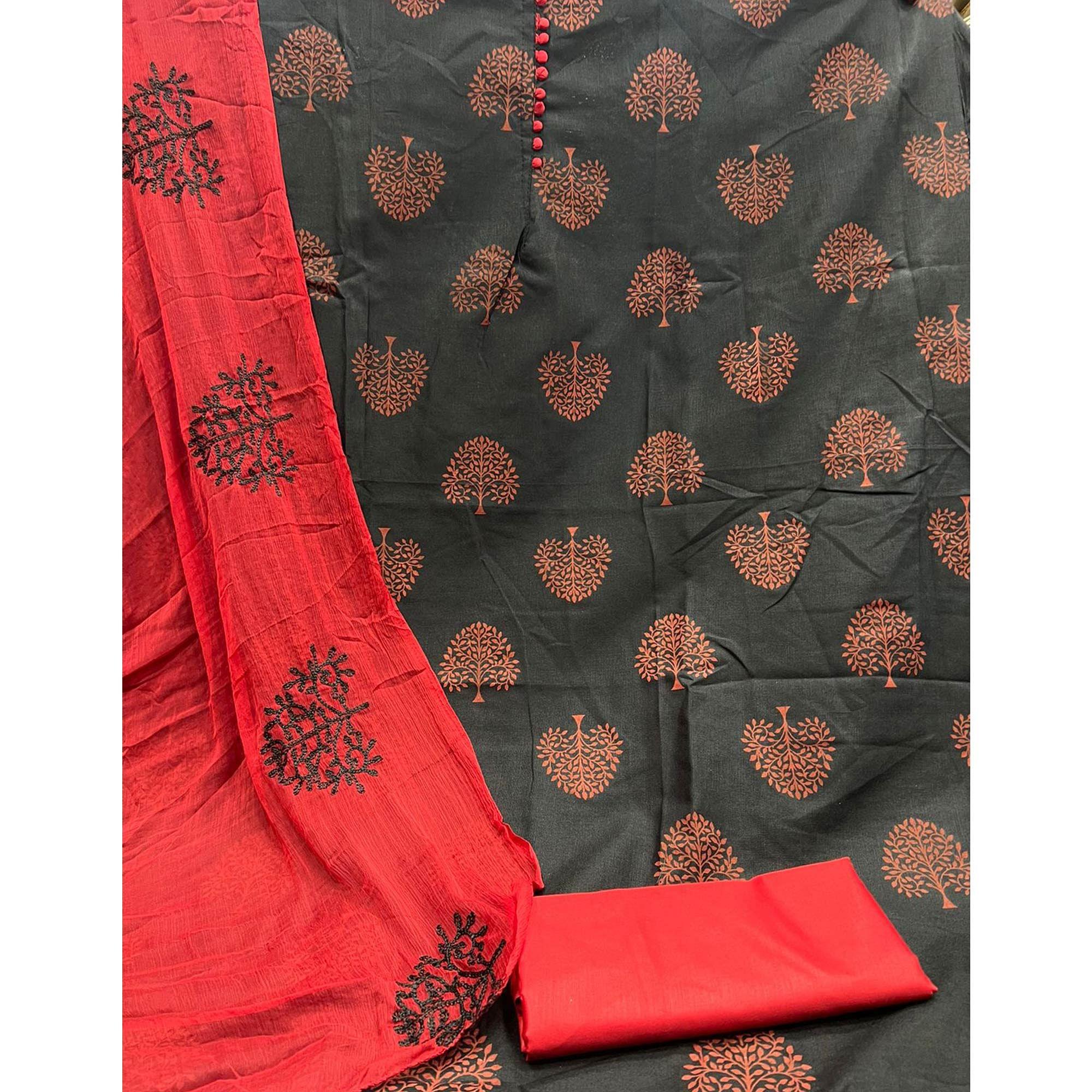 Black Printed Poly Cotton Dress Material - Peachmode