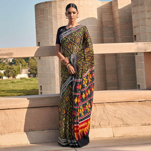 Black Printed Poly Cotton Saree - Peachmode