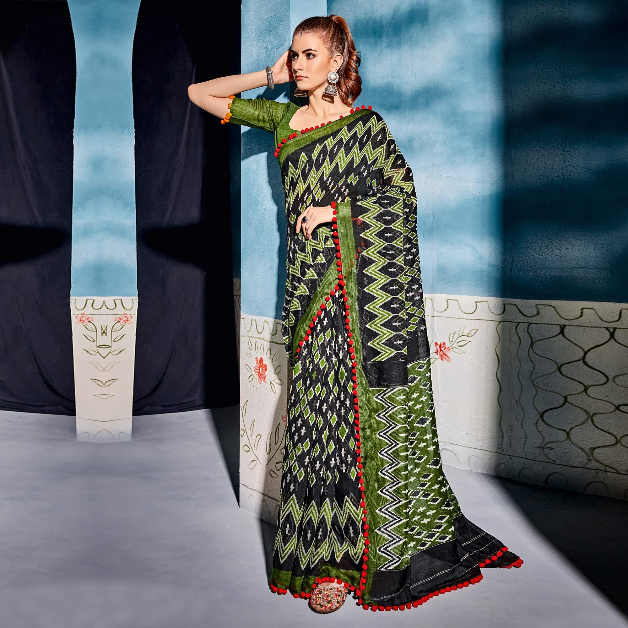 Black Printed Poly Cotton Saree With Pumpum Lace - Peachmode