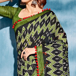 Black Printed Poly Cotton Saree With Pumpum Lace - Peachmode