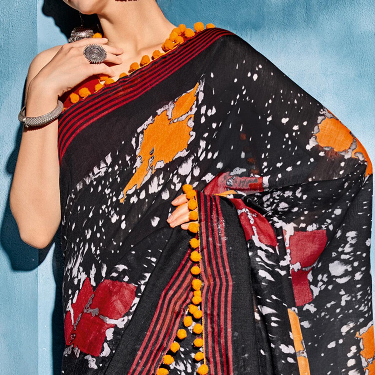 Black Printed Poly Cotton Saree With Pumpum Lace - Peachmode