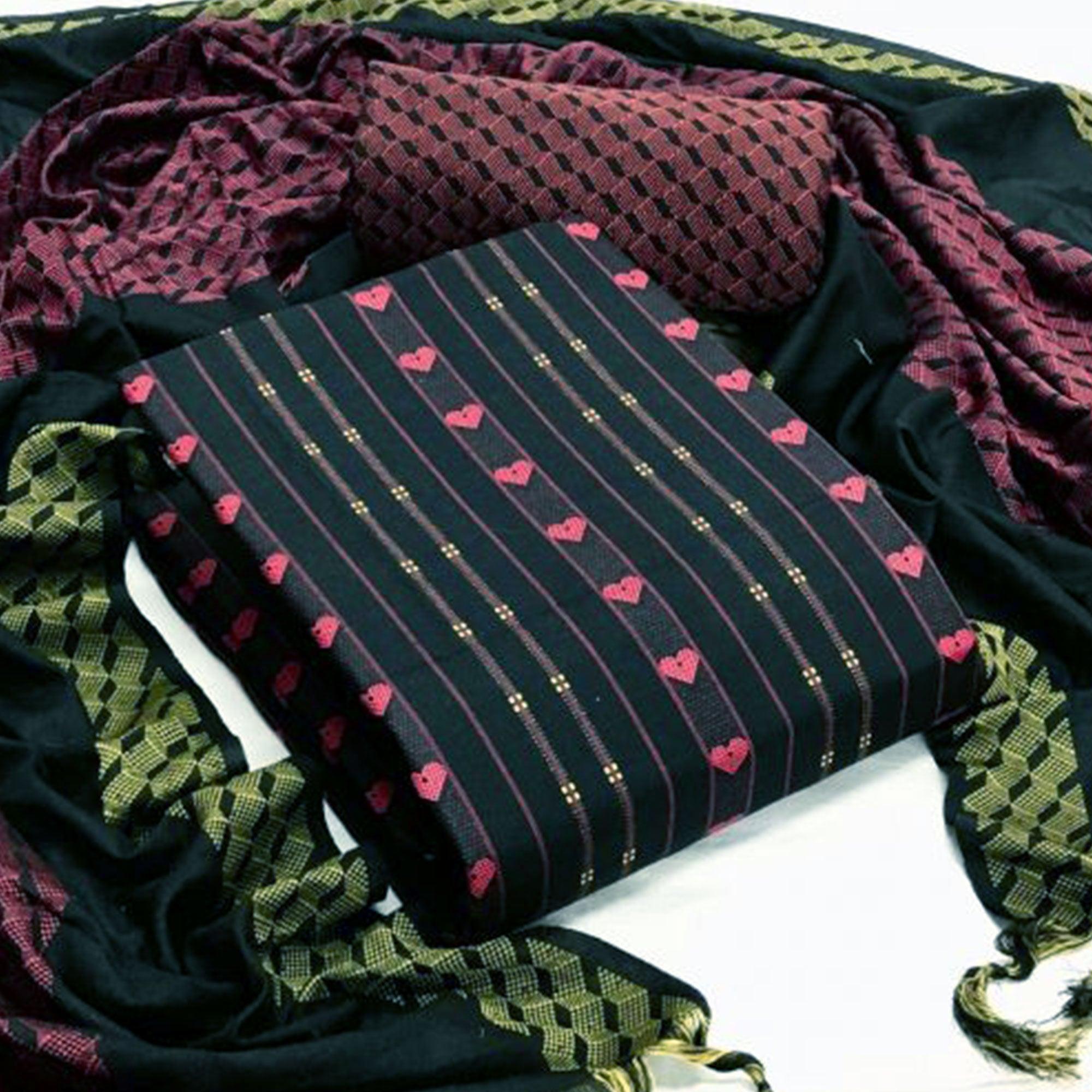 Black Printed Pure Cotton Dress Material - Peachmode