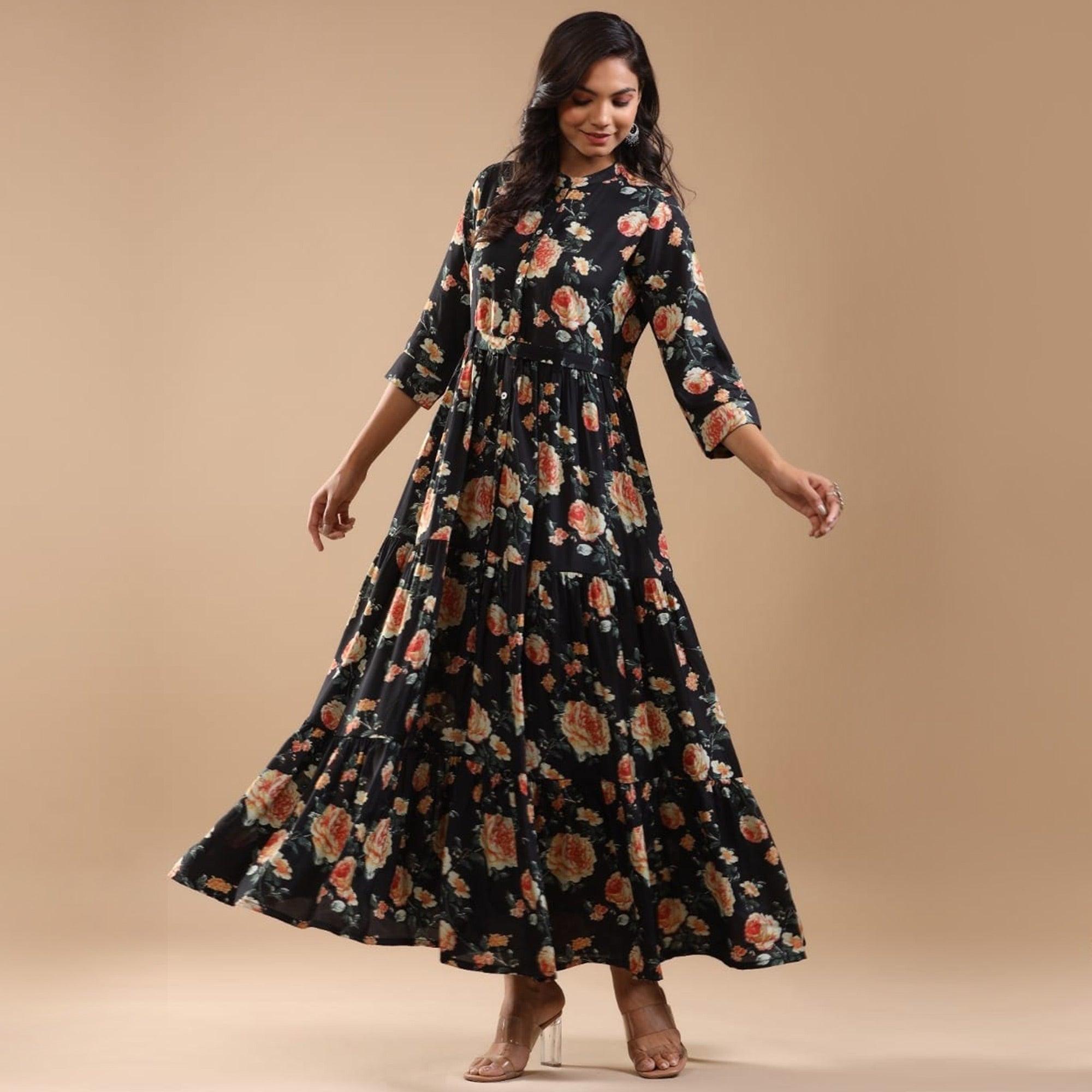 Black Printed Pure Cotton Dress - Peachmode