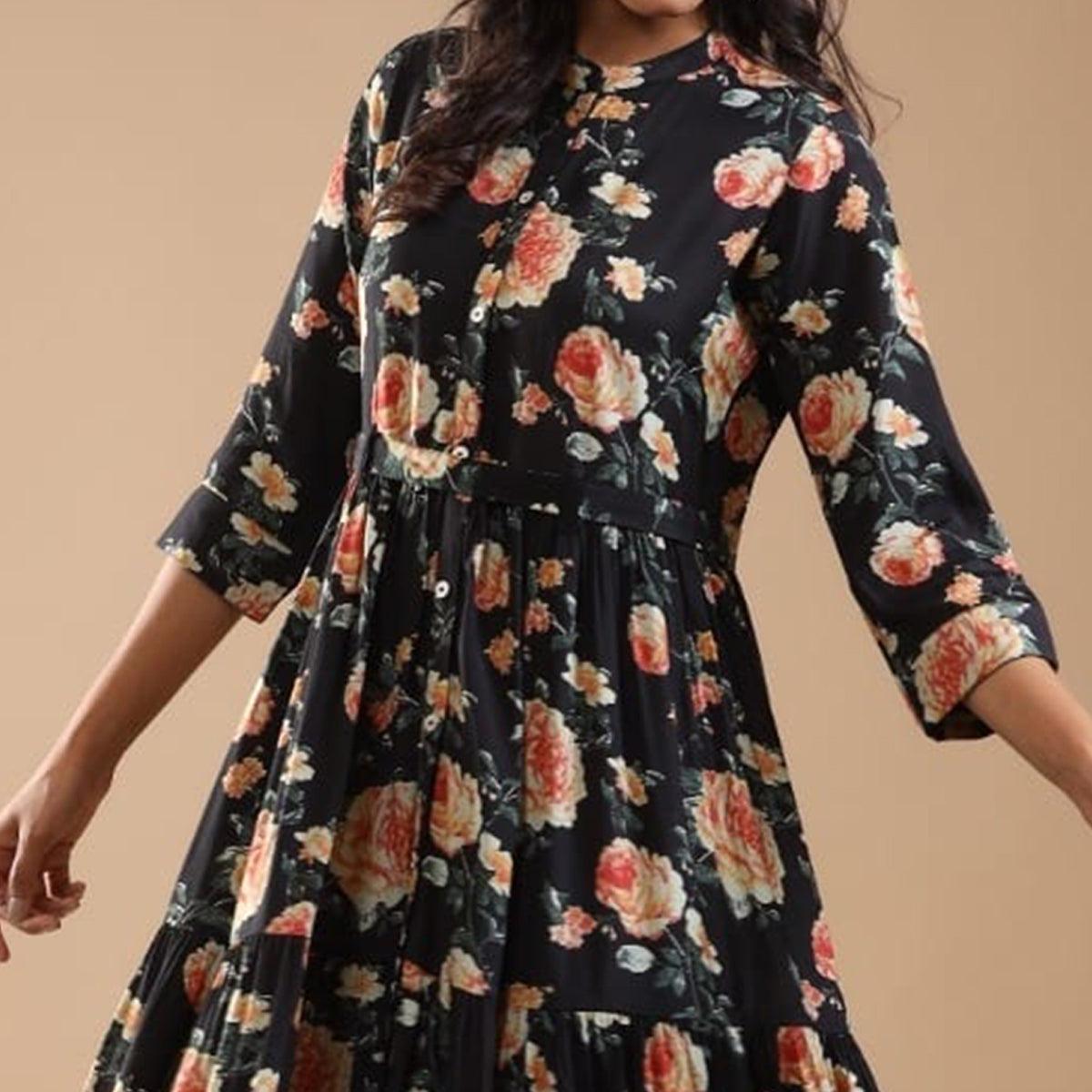 Black Printed Pure Cotton Dress - Peachmode