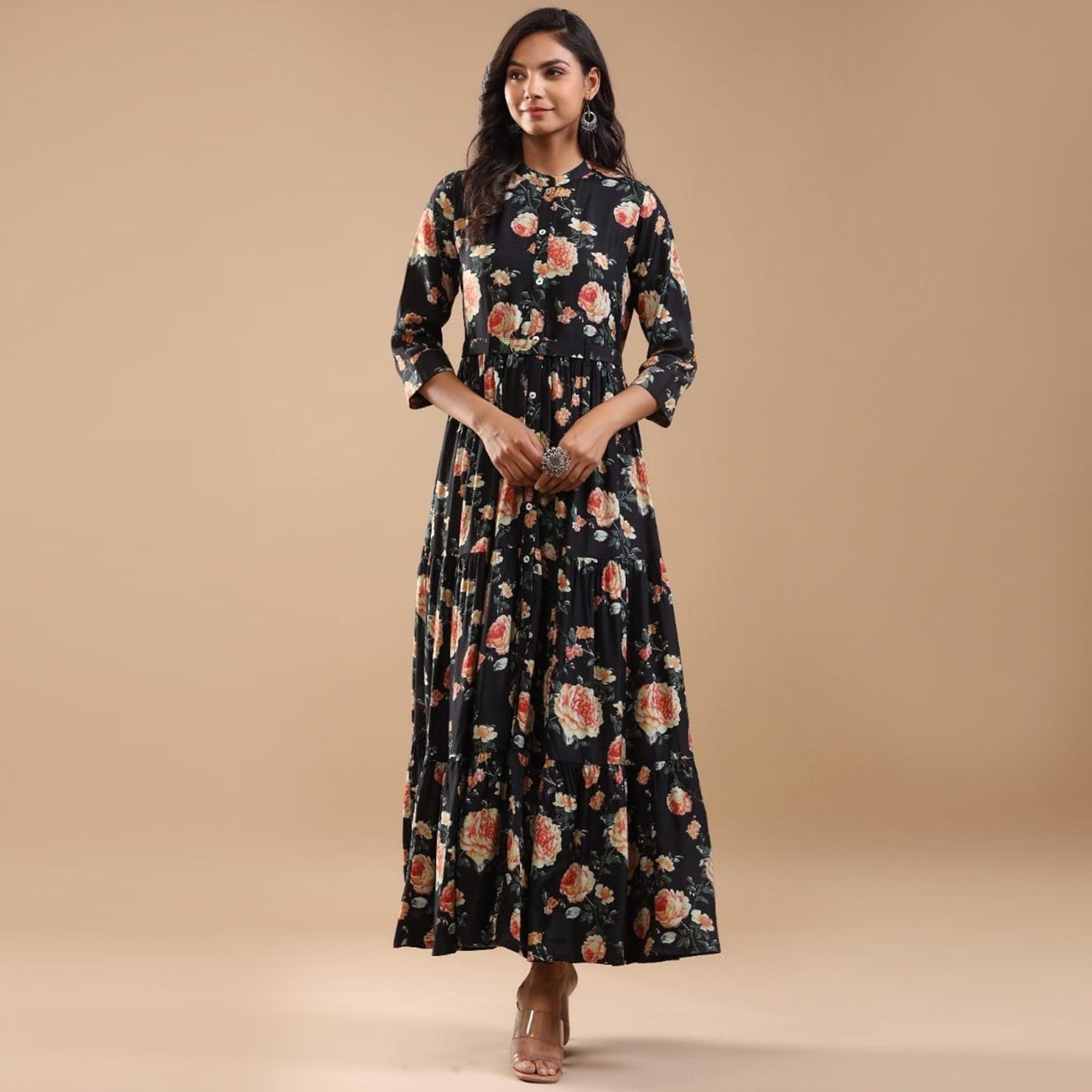 Black Printed Pure Cotton Dress - Peachmode