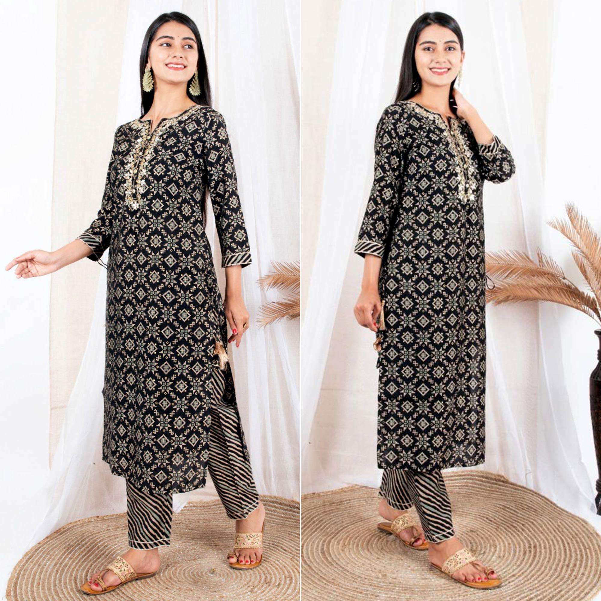 Black Printed Pure Cotton Kurti Pant Set - Peachmode