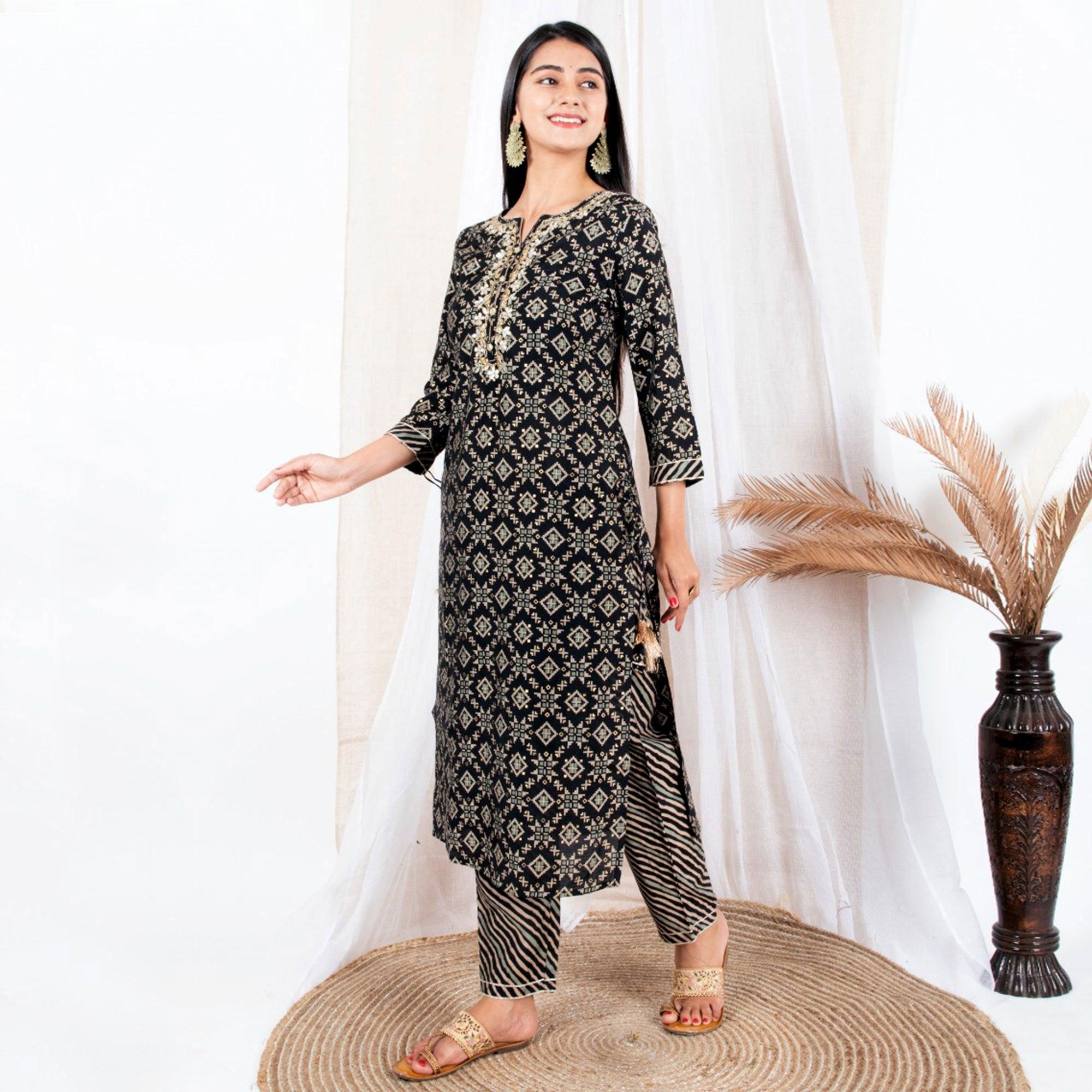 Black Printed Pure Cotton Kurti Pant Set - Peachmode