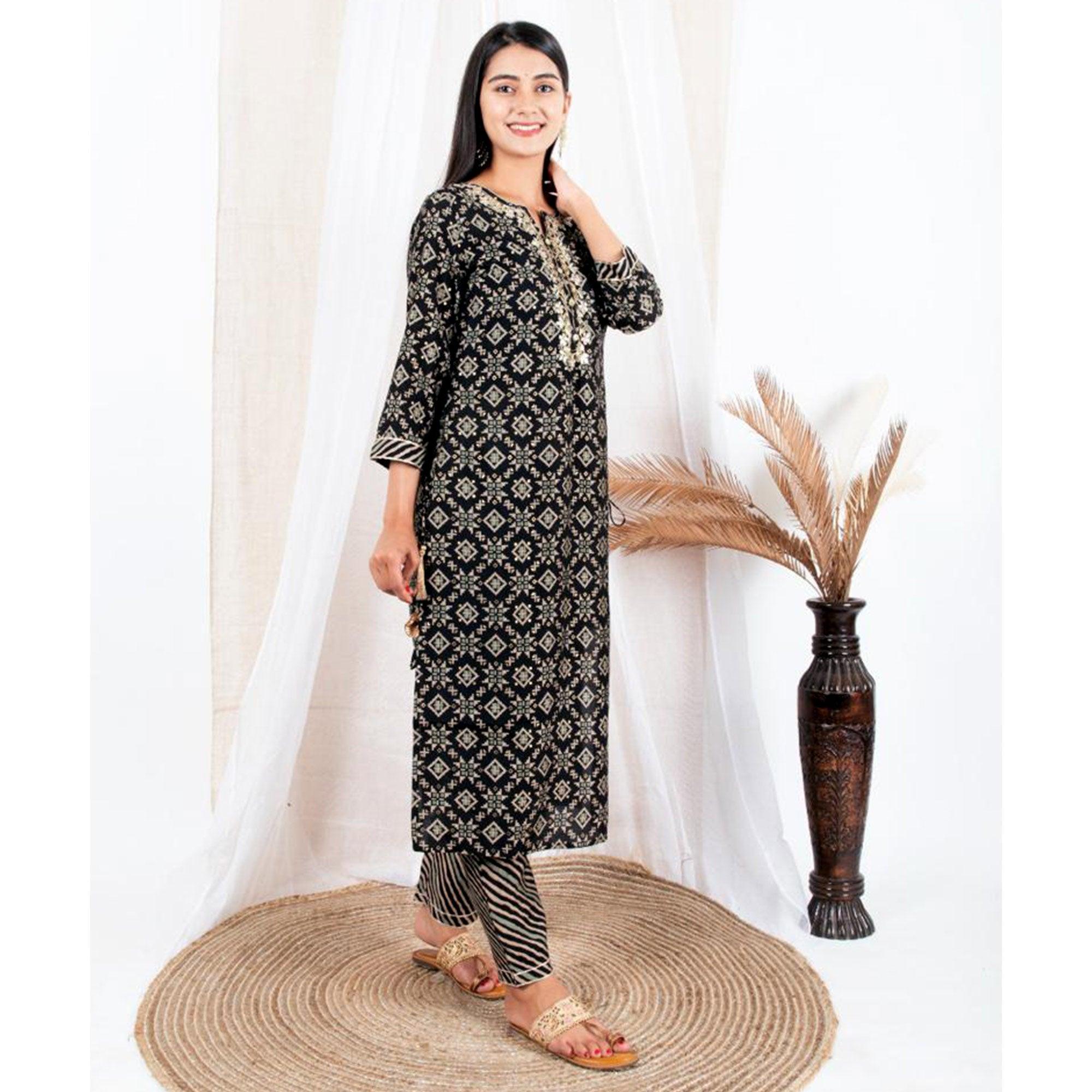 Black Printed Pure Cotton Kurti Pant Set - Peachmode