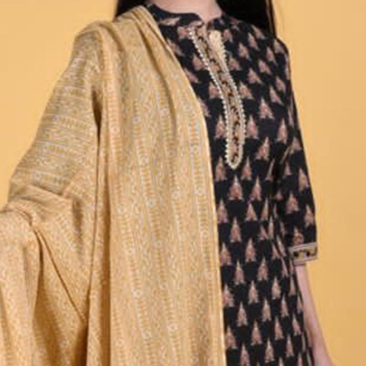 Black Printed Pure Cotton Kurti-Pant Set With Dupatta - Peachmode