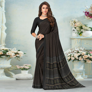 Black Printed Raw Silk Saree - Peachmode