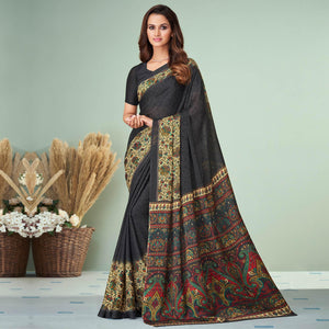 Black Printed Raw Silk Saree - Peachmode