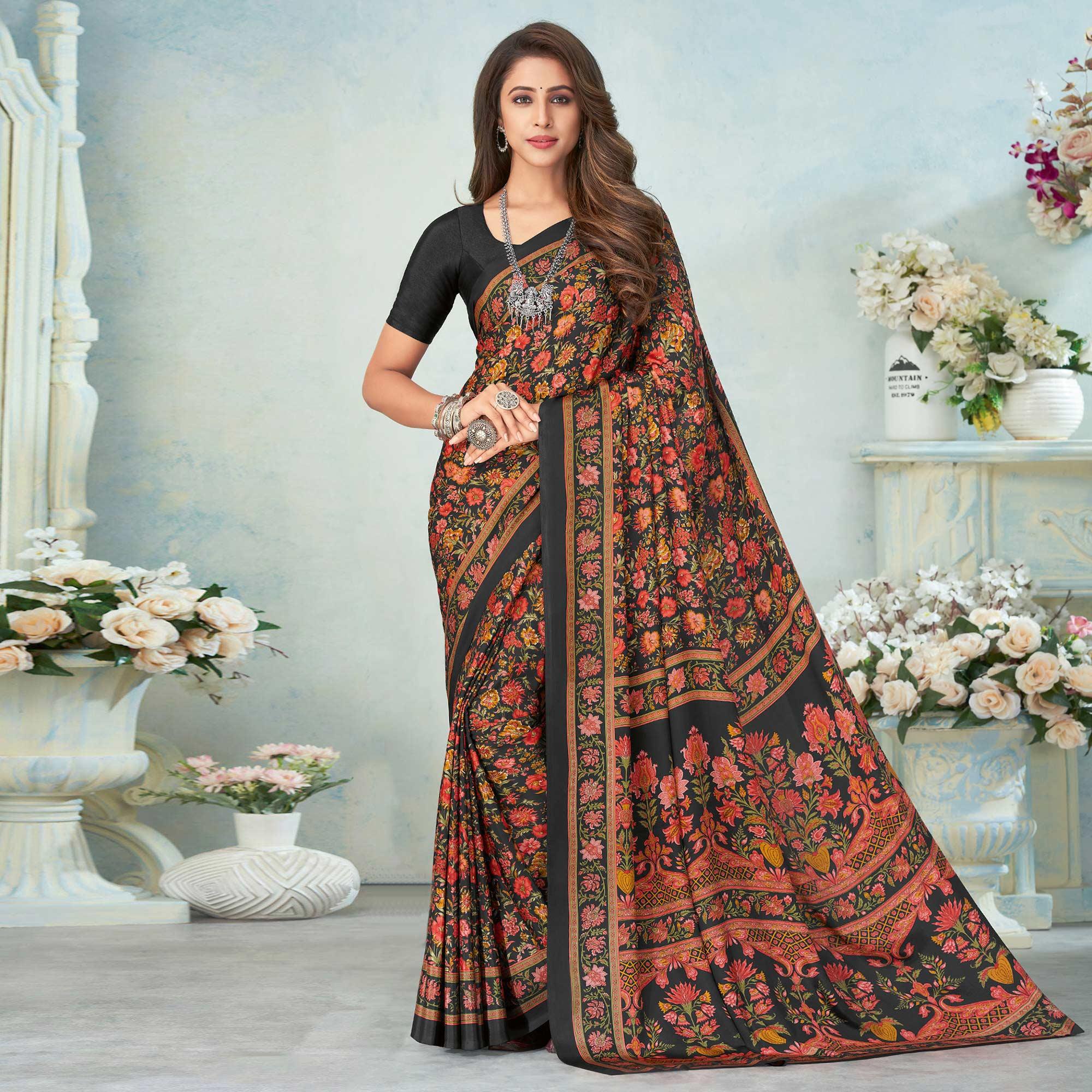 Black Printed Raw Silk Saree - Peachmode