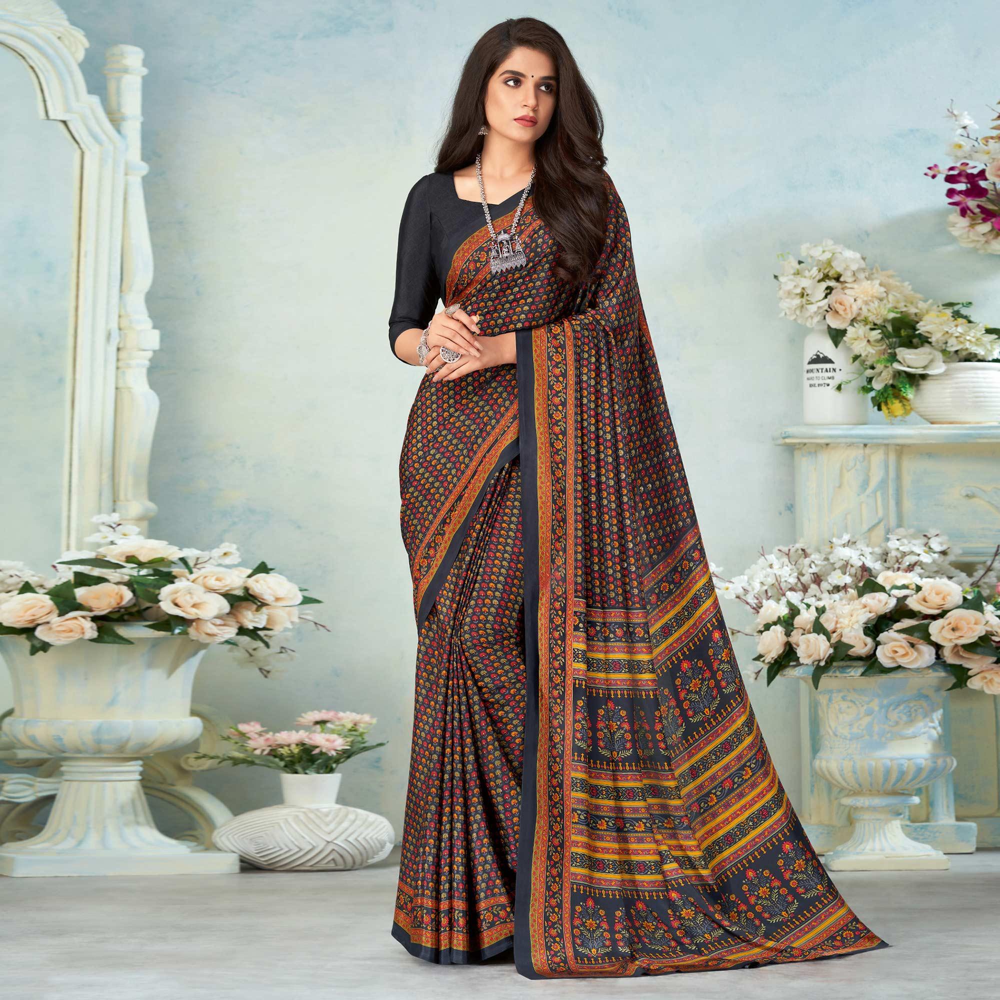 Black Printed Raw Silk Saree - Peachmode