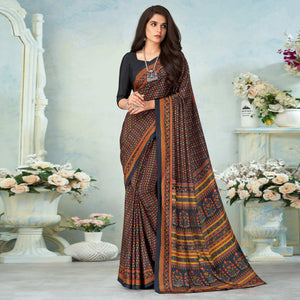 Black Printed Raw Silk Saree - Peachmode