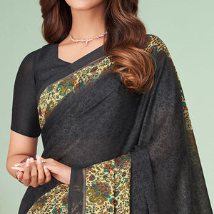 Black Printed Raw Silk Saree - Peachmode