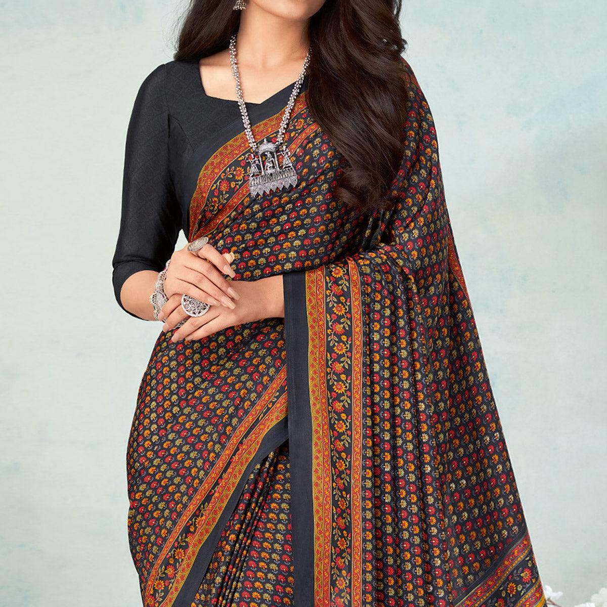 Black Printed Raw Silk Saree - Peachmode