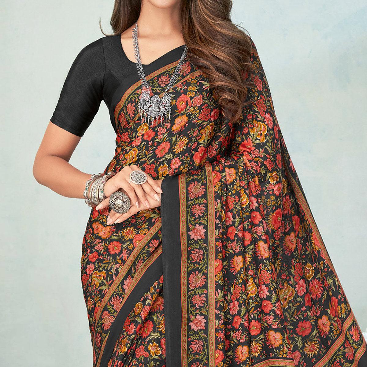 Black Printed Raw Silk Saree - Peachmode
