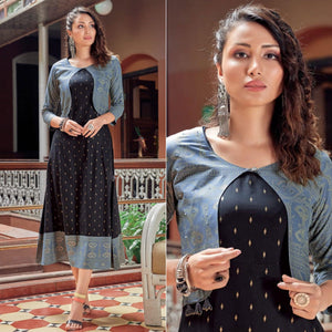 Black Printed Rayon Anarkali Kurti - Peachmode