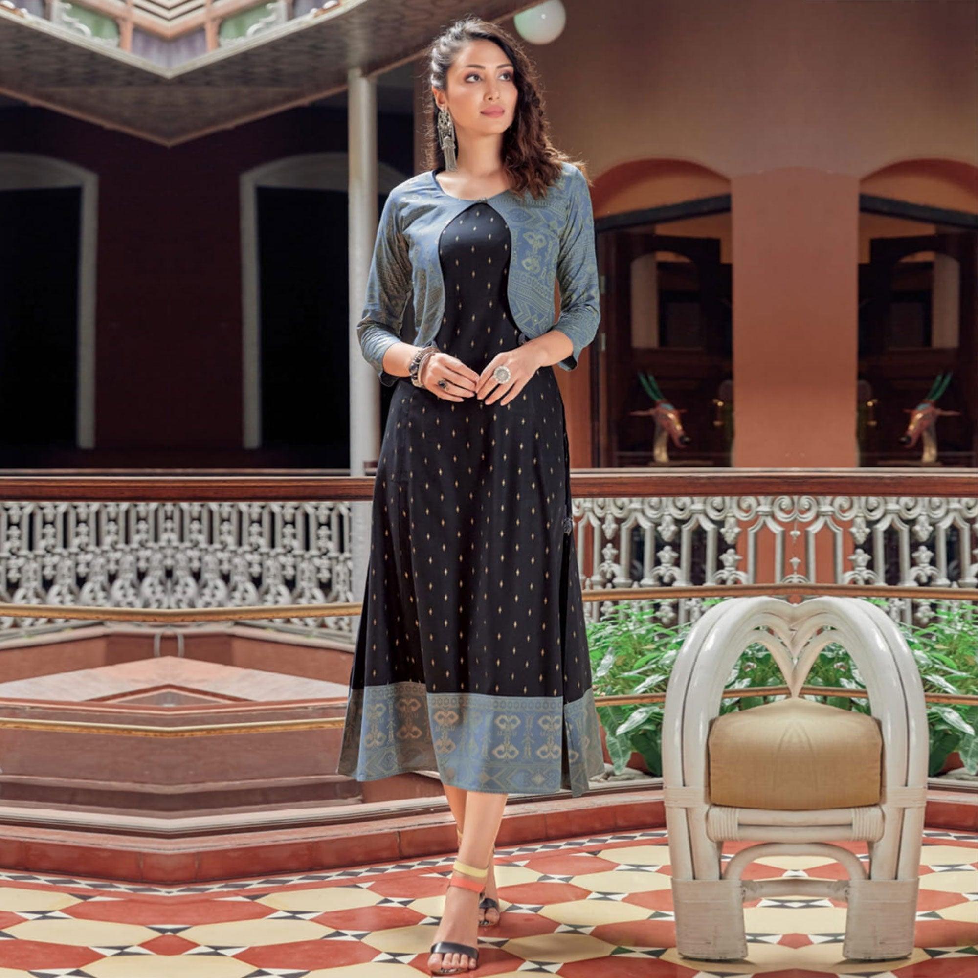 Black Printed Rayon Anarkali Kurti - Peachmode