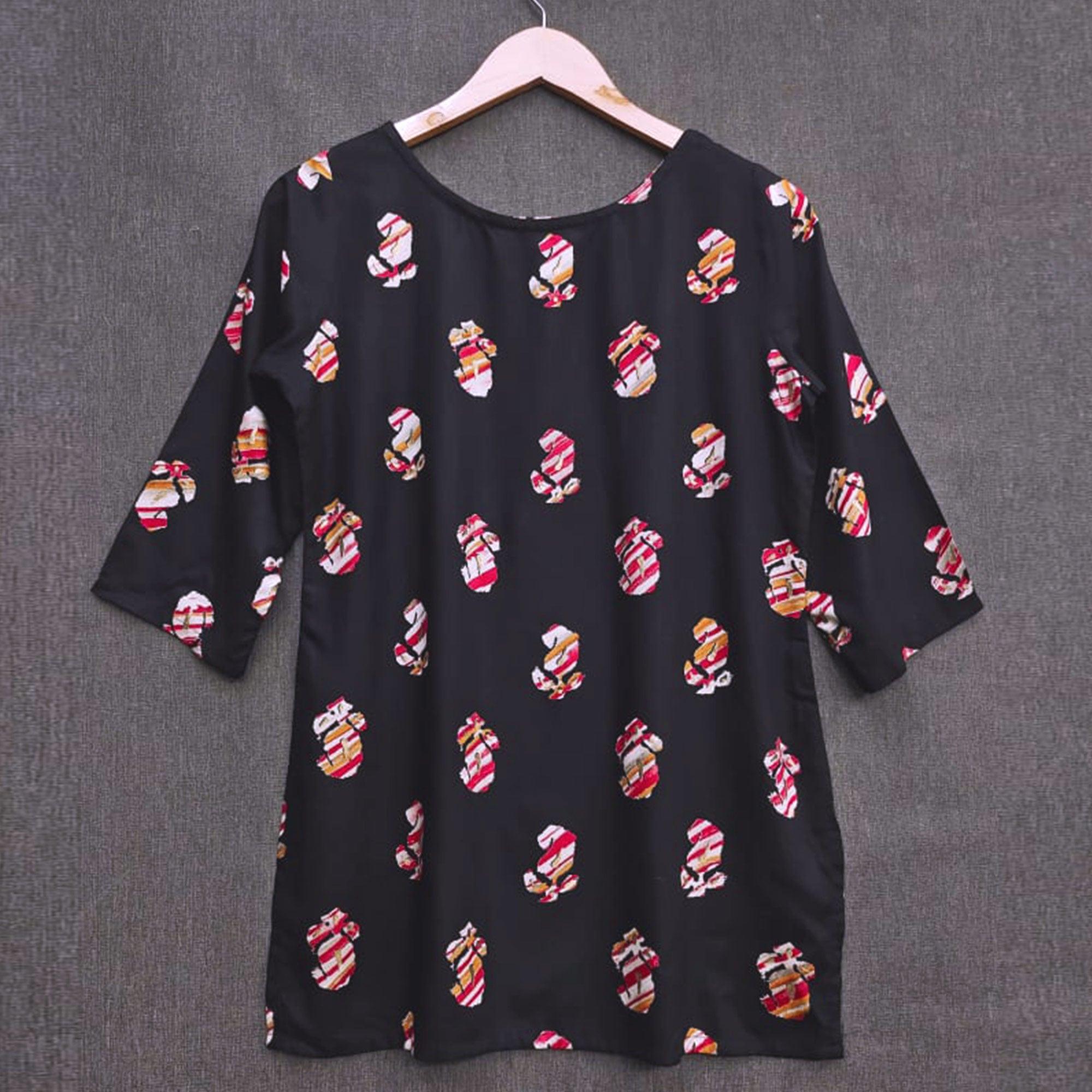 Black Printed Rayon Top - Peachmode