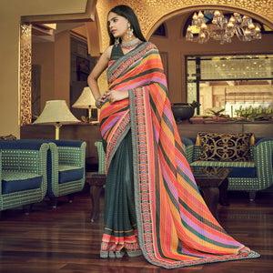 Black Printed With Embellished Georgette Half and Half Saree - Peachmode