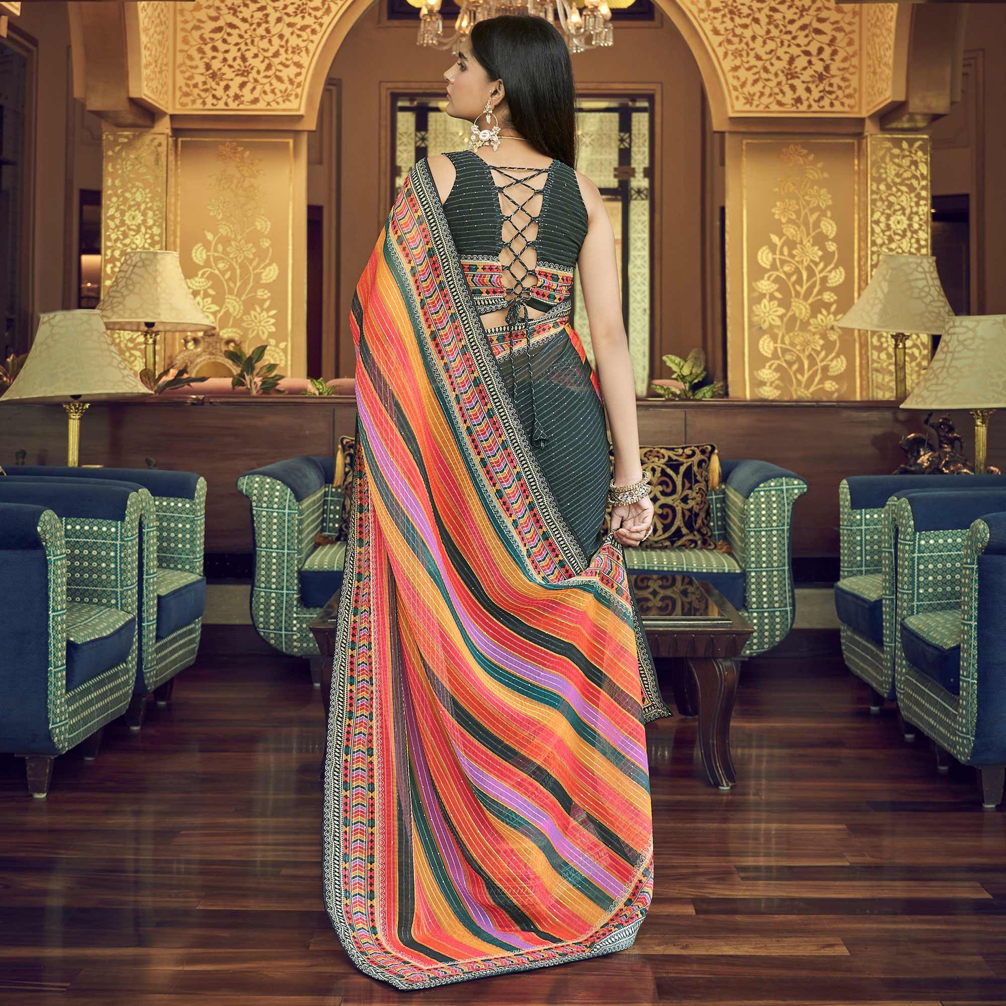 Black Printed With Embellished Georgette Half and Half Saree - Peachmode