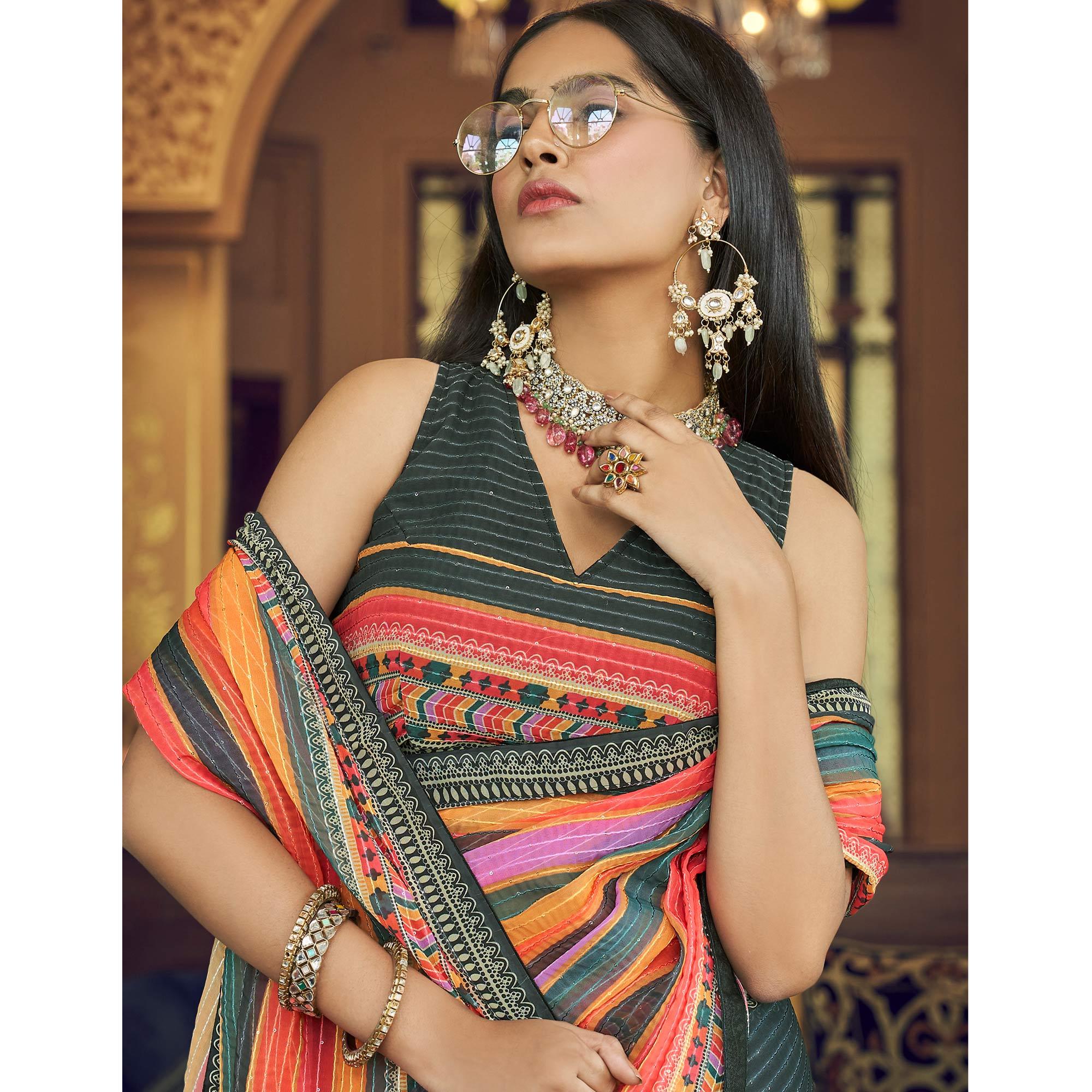 Black Printed With Embellished Georgette Half and Half Saree - Peachmode