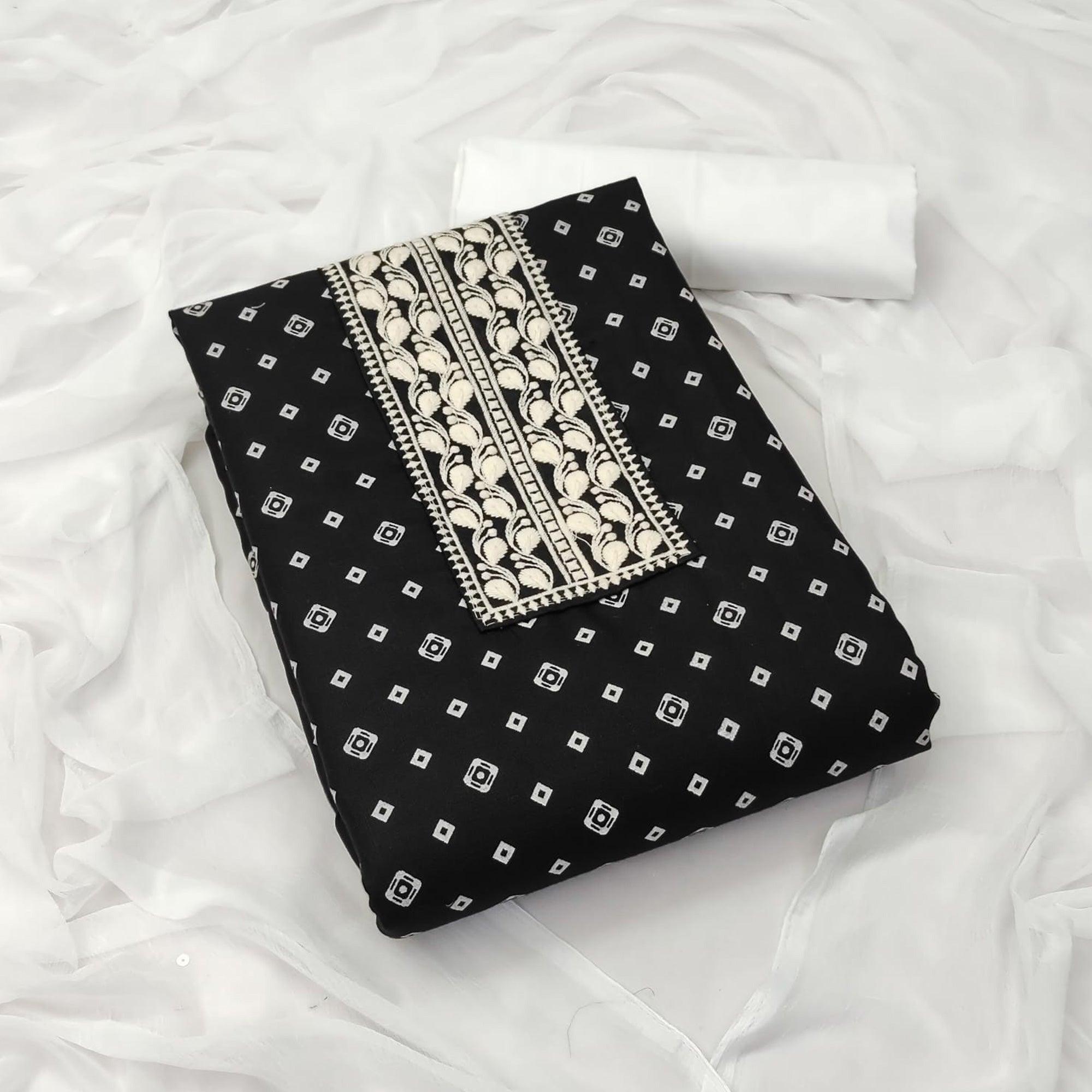 Black Printed With Embroidered Cotton Blend Dress Material - Peachmode