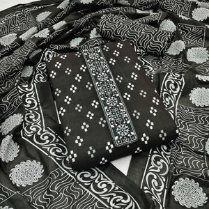 Black Printed With Embroidered Cotton Blend Dress Material - Peachmode