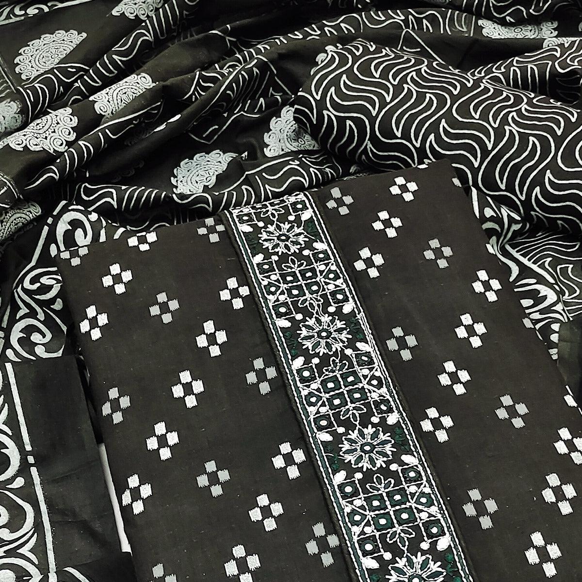 Black Printed With Embroidered Cotton Blend Dress Material - Peachmode